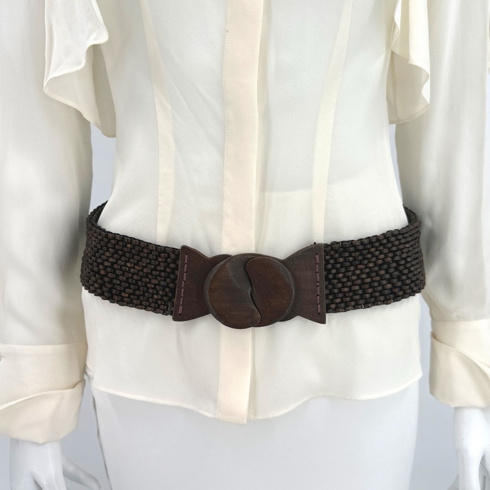 Stretchy, Low Hip Brown Wood Waist Belt w/ Wood Embellishment Beads and Closure